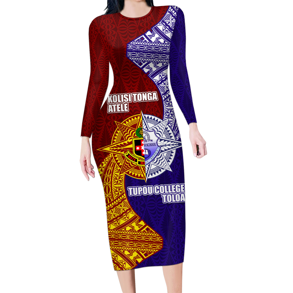 Kolisi Tonga Atele and Tupou College Toloa Family Matching Long Sleeve Bodycon Dress and Hawaiian Shirt Ngatu and Polynesian Spiral Pattern LT03 Mom's Dress Red - Polynesian Pride