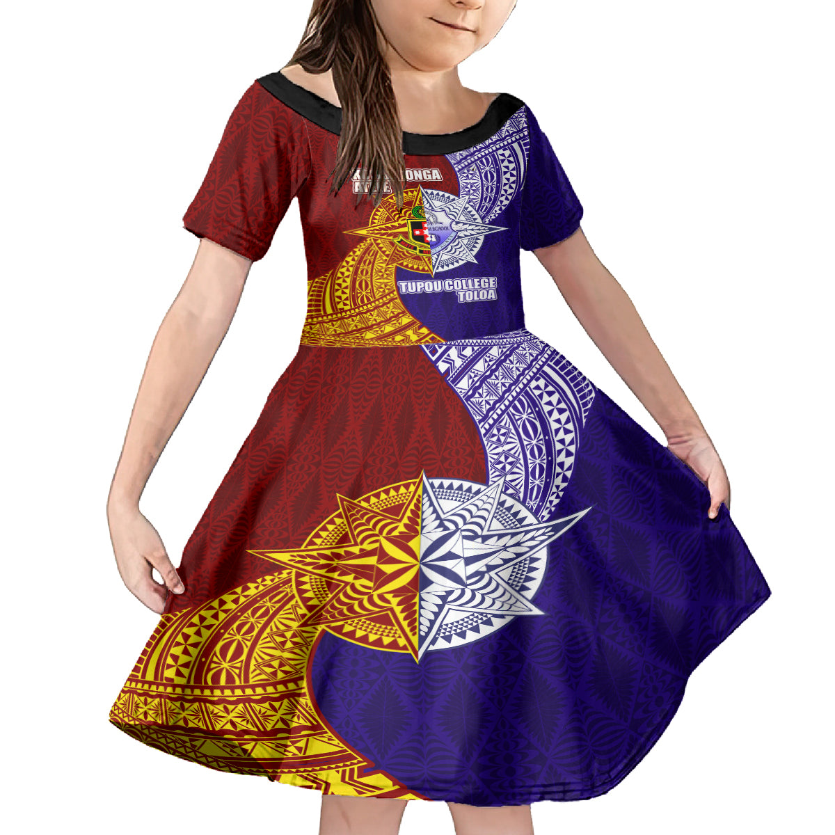 Kolisi Tonga Atele and Tupou College Toloa Family Matching Off Shoulder Short Dress and Hawaiian Shirt Ngatu and Polynesian Spiral Pattern LT03 Daughter's Dress Red - Polynesian Pride