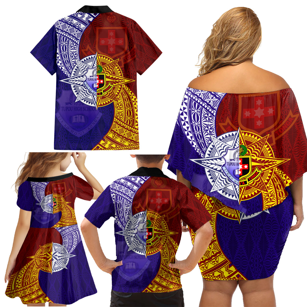Kolisi Tonga Atele and Tupou College Toloa Family Matching Off Shoulder Short Dress and Hawaiian Shirt Ngatu and Polynesian Spiral Pattern LT03 - Polynesian Pride