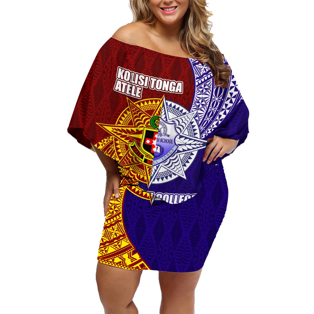 Kolisi Tonga Atele and Tupou College Toloa Family Matching Off Shoulder Short Dress and Hawaiian Shirt Ngatu and Polynesian Spiral Pattern LT03 Mom's Dress Red - Polynesian Pride