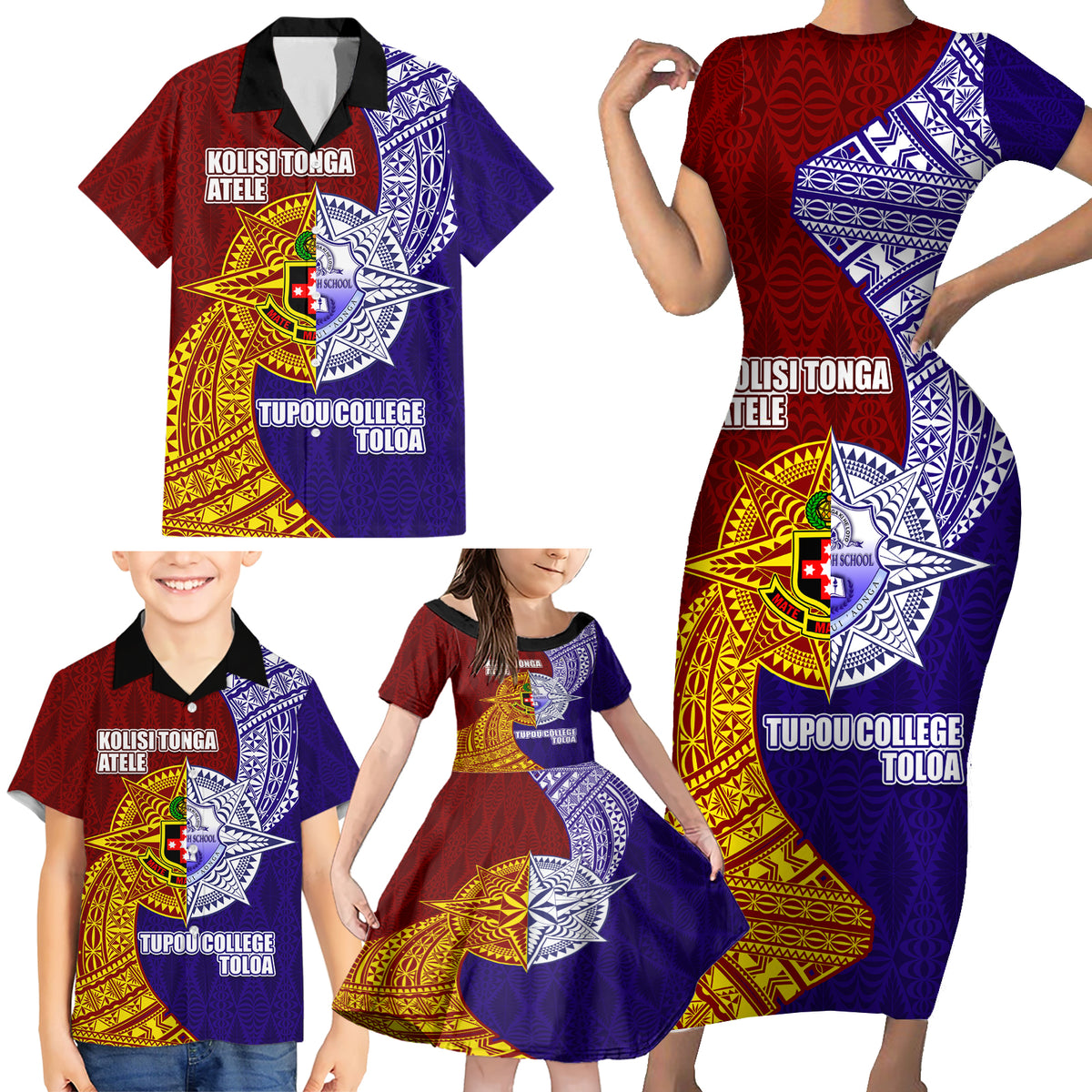 Kolisi Tonga Atele and Tupou College Toloa Family Matching Short Sleeve Bodycon Dress and Hawaiian Shirt Ngatu and Polynesian Spiral Pattern LT03 - Polynesian Pride