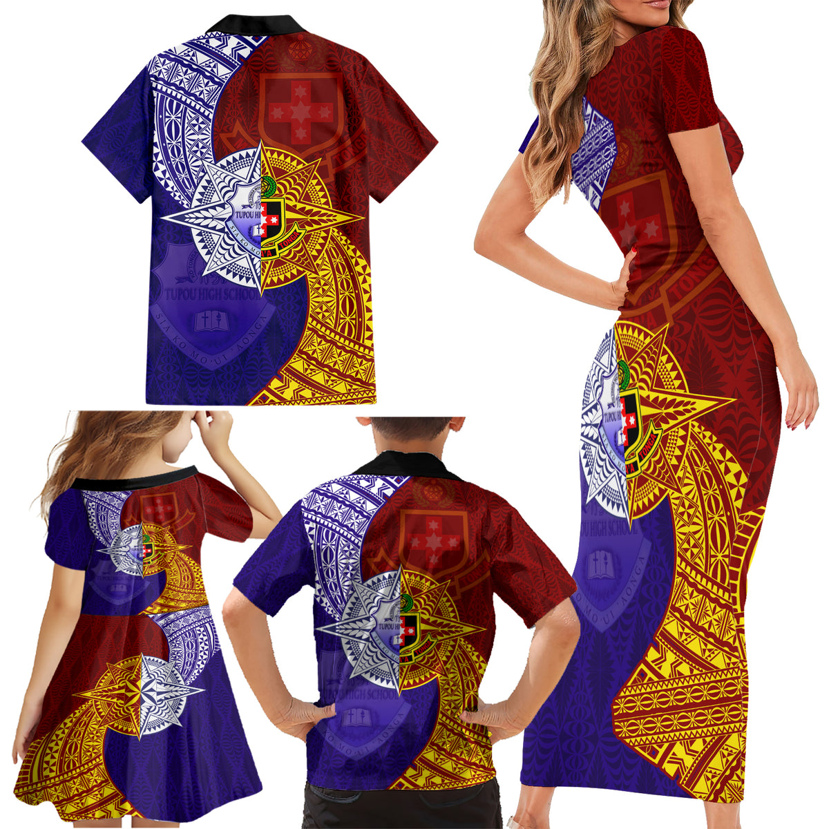 Kolisi Tonga Atele and Tupou College Toloa Family Matching Short Sleeve Bodycon Dress and Hawaiian Shirt Ngatu and Polynesian Spiral Pattern LT03 - Polynesian Pride