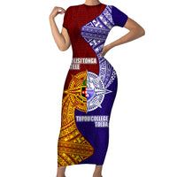 Kolisi Tonga Atele and Tupou College Toloa Family Matching Short Sleeve Bodycon Dress and Hawaiian Shirt Ngatu and Polynesian Spiral Pattern LT03 Mom's Dress Red - Polynesian Pride
