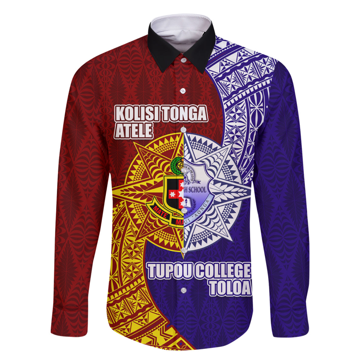 Kolisi Tonga Atele and Tupou College Toloa Family Matching Summer Maxi Dress and Hawaiian Shirt Ngatu and Polynesian Spiral Pattern LT03 Dad's Shirt - Long Sleeve Red - Polynesian Pride