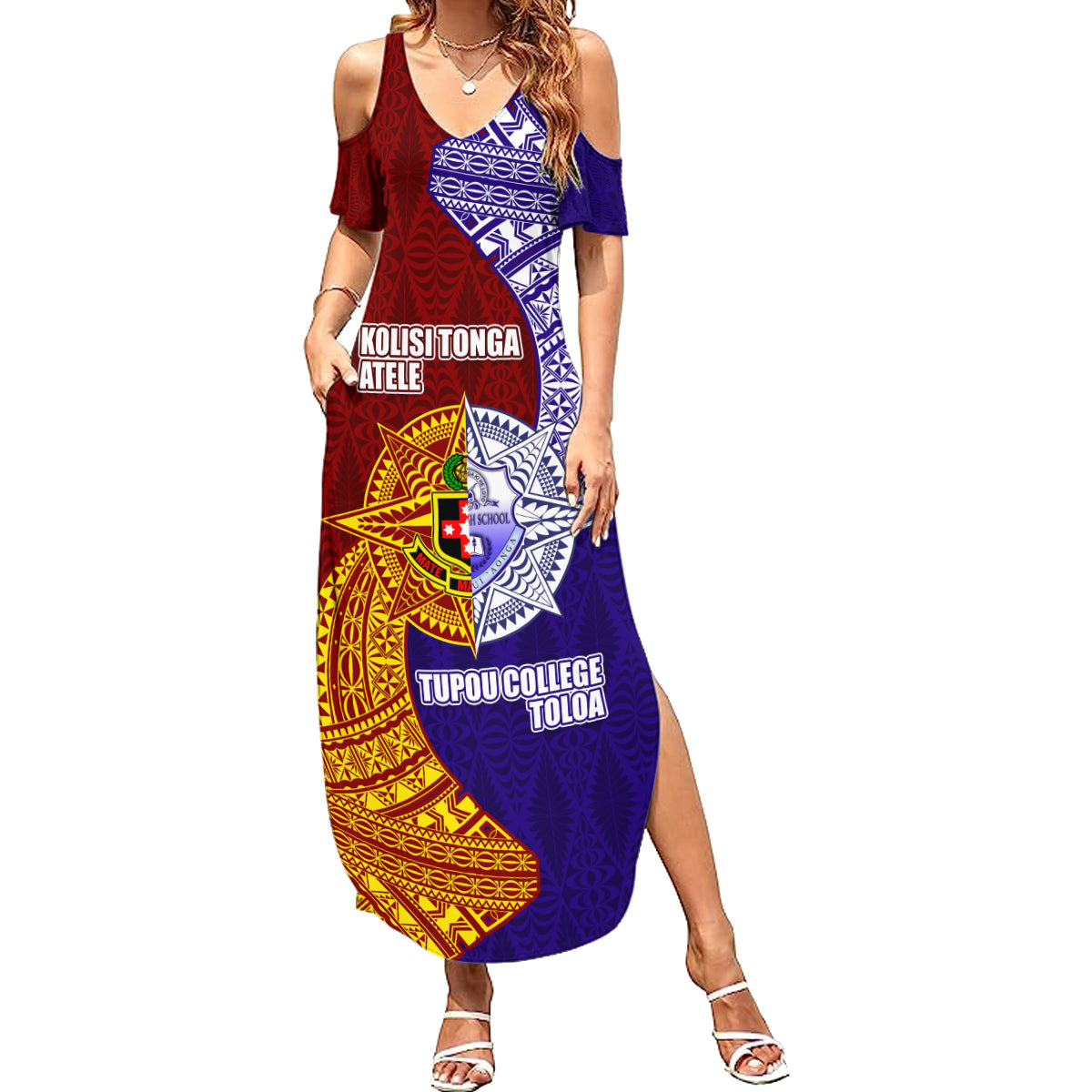 Kolisi Tonga Atele and Tupou College Toloa Family Matching Summer Maxi Dress and Hawaiian Shirt Ngatu and Polynesian Spiral Pattern LT03 Mom's Dress Red - Polynesian Pride