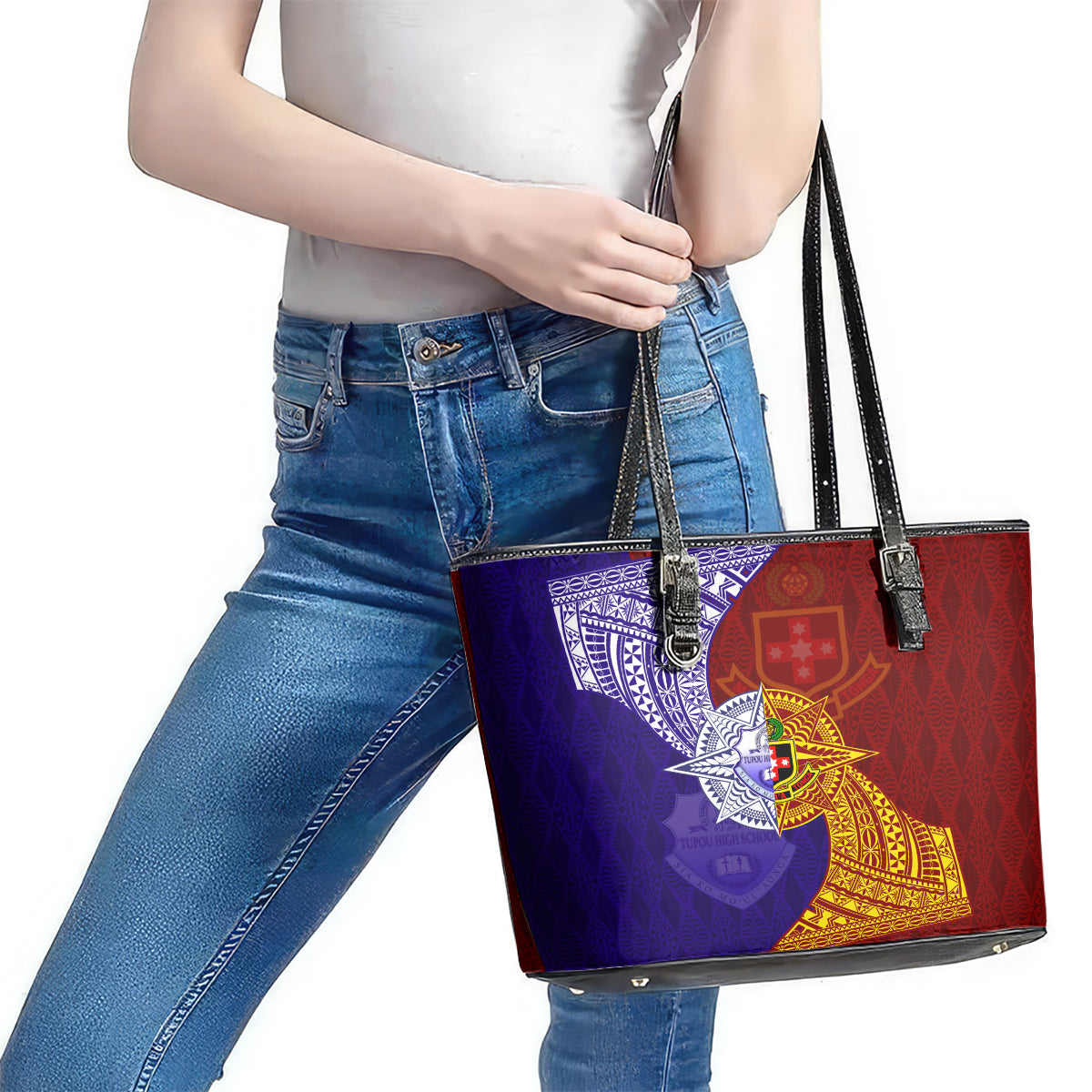 Kolisi Tonga Atele and Tupou College Toloa Leather Tote Bag Ngatu and Polynesian Spiral Pattern