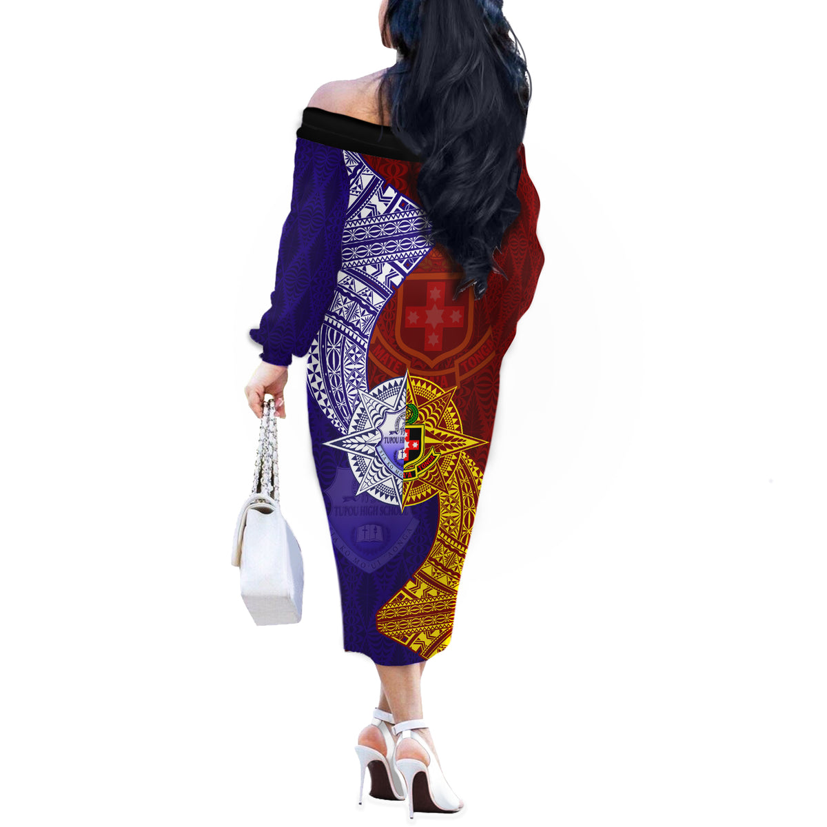 Kolisi Tonga Atele and Tupou College Toloa Off The Shoulder Long Sleeve Dress Ngatu and Polynesian Spiral Pattern