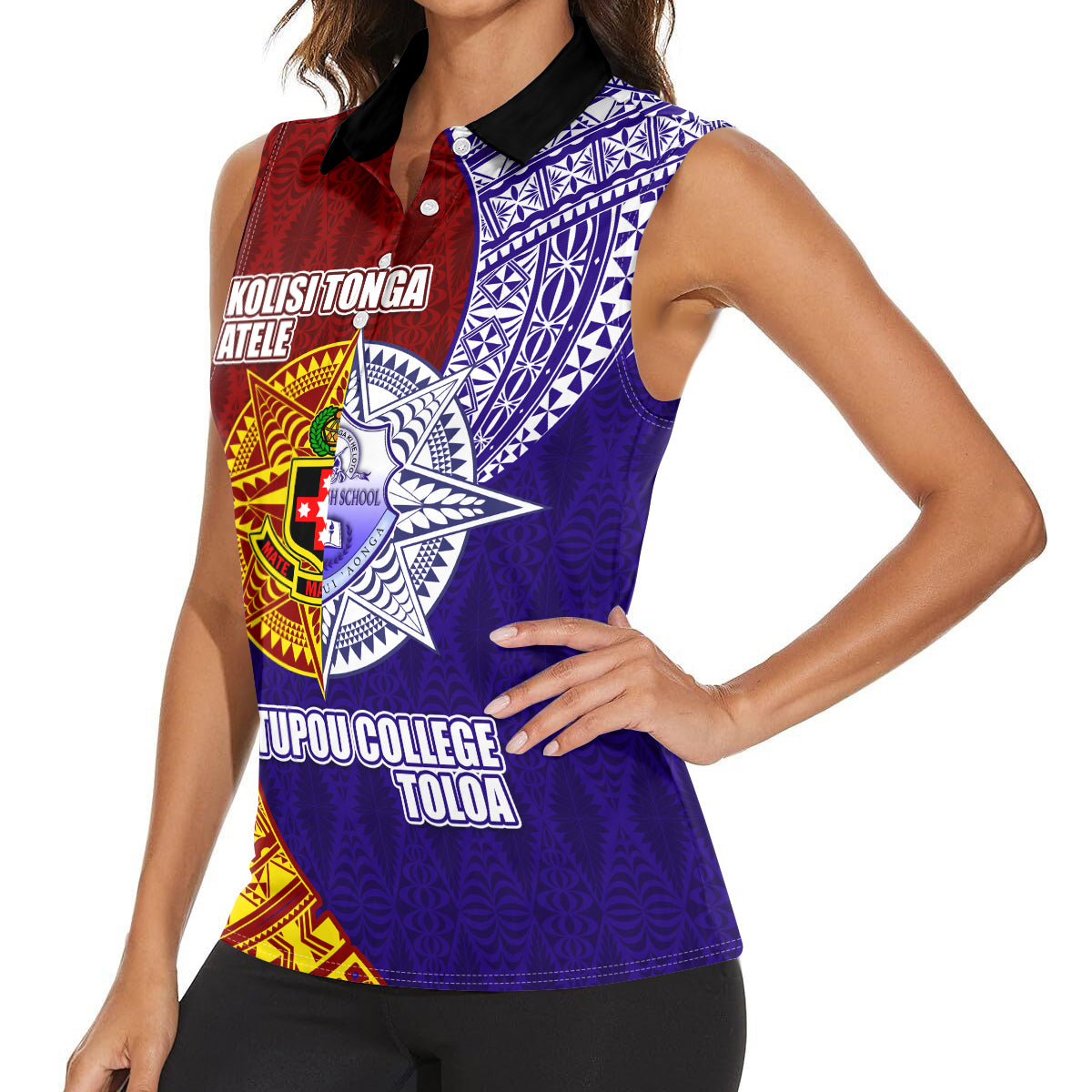 Kolisi Tonga Atele and Tupou College Toloa Women Sleeveless Polo Shirt Ngatu and Polynesian Spiral Pattern LT03 - Polynesian Pride
