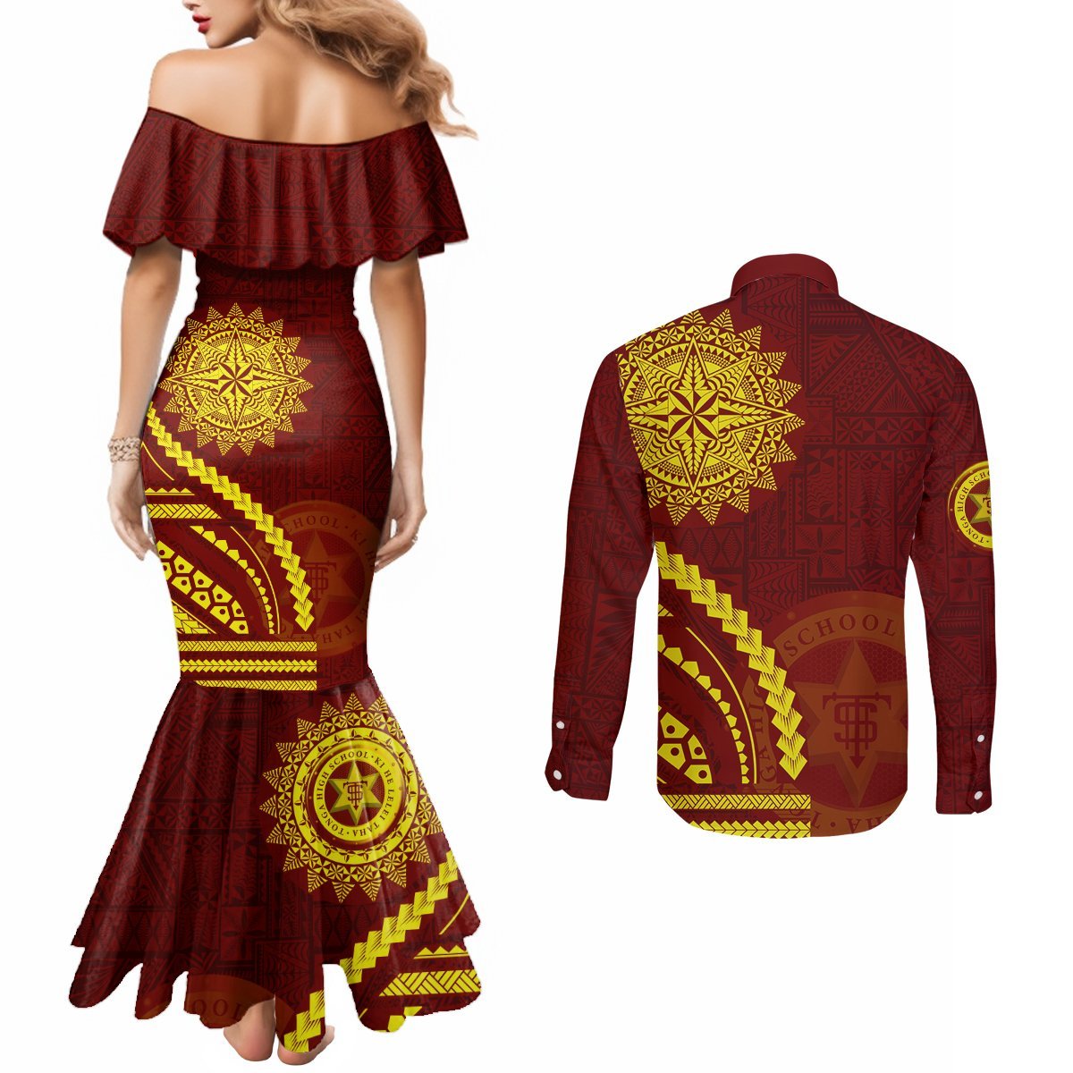 Tonga High School Couples Matching Mermaid Dress and Long Sleeve Button Shirt Ngatu and Polynesian Pattern LT03 - Polynesian Pride