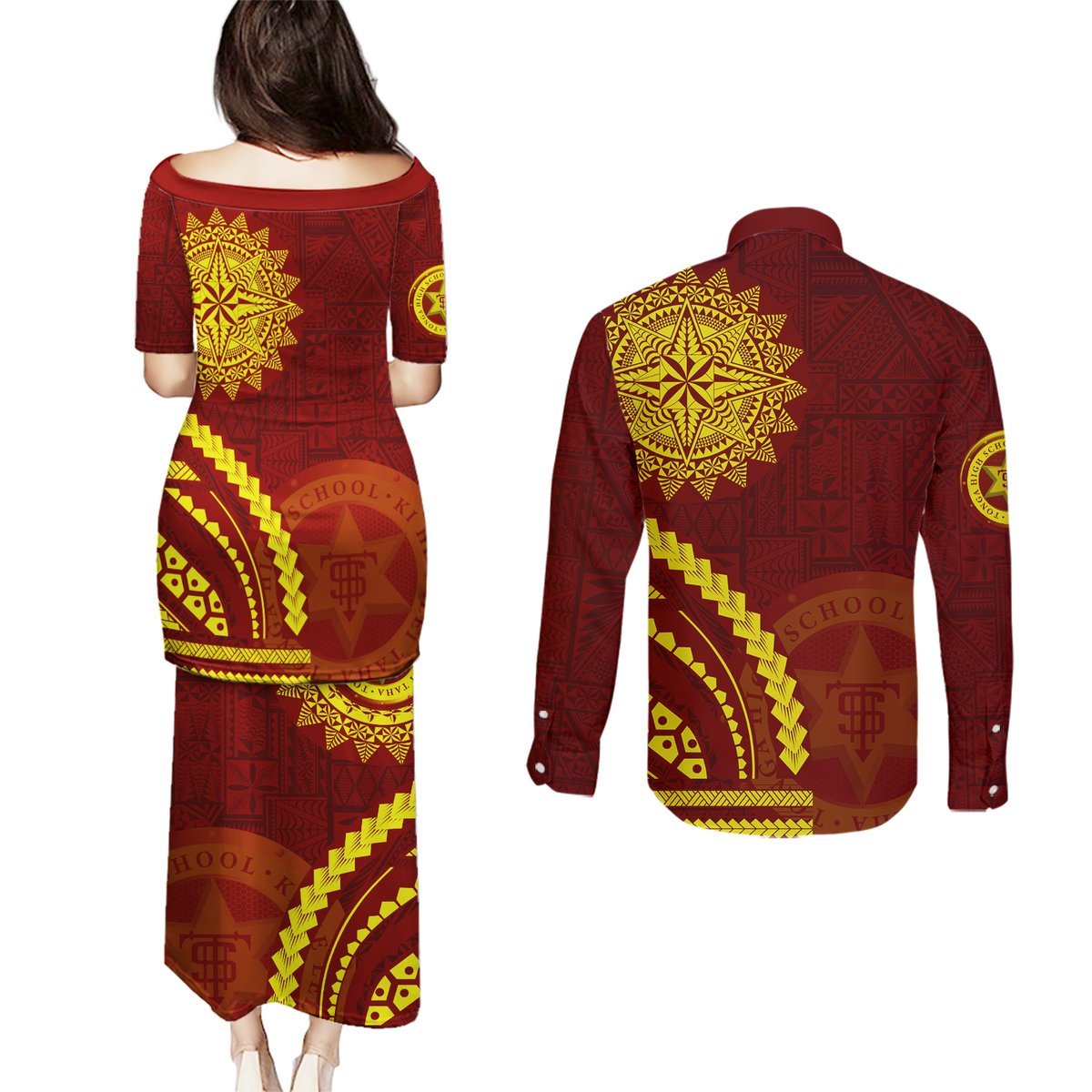 Tonga High School Couples Matching Puletasi and Long Sleeve Button Shirt Ngatu and Polynesian Pattern LT03 - Polynesian Pride