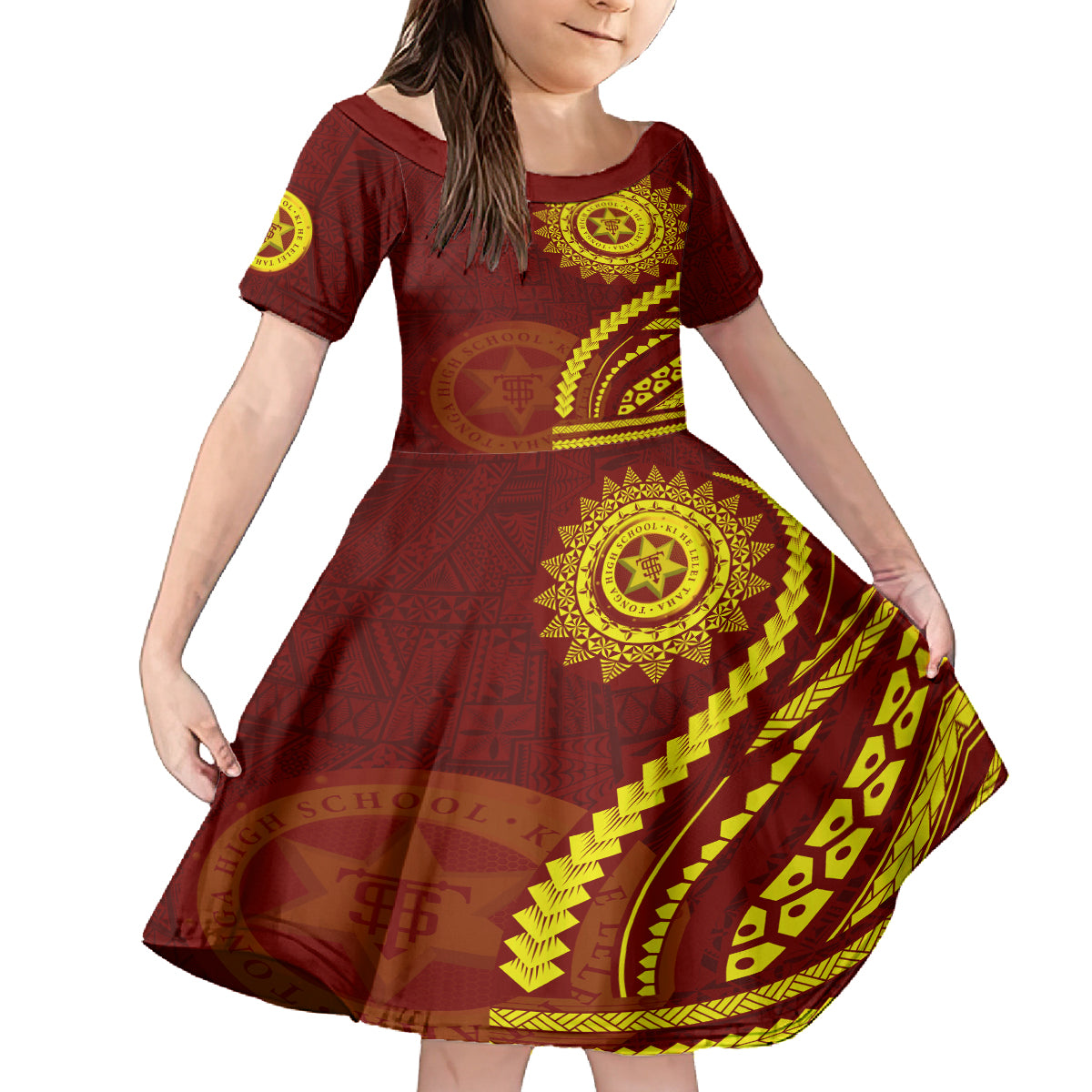 Tonga High School Family Matching Long Sleeve Bodycon Dress and Hawaiian Shirt Ngatu and Polynesian Pattern LT03 Daughter's Dress Red - Polynesian Pride