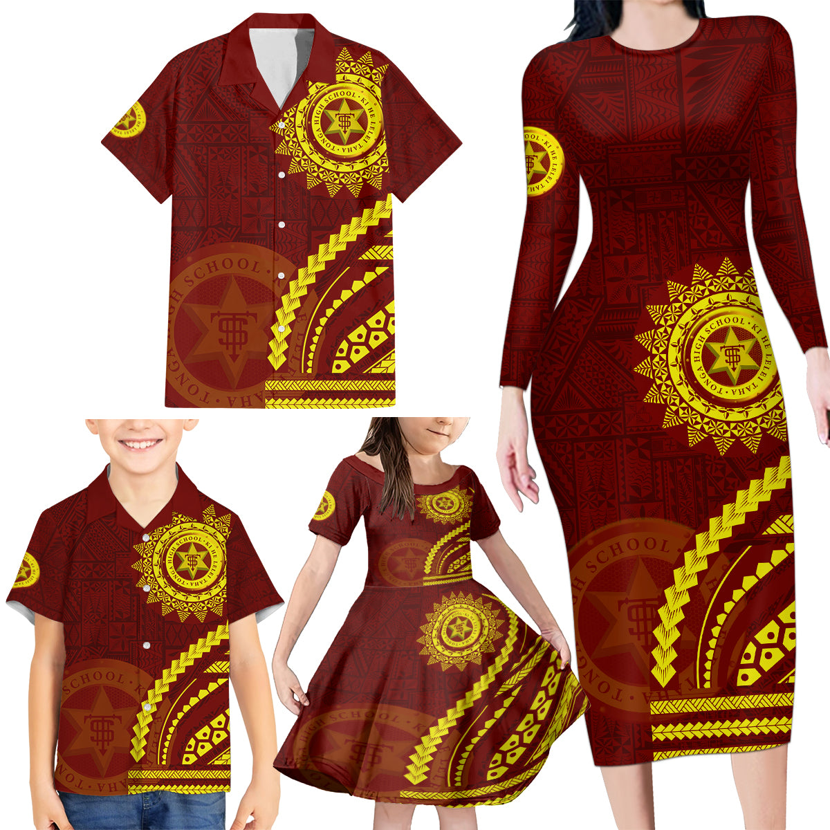 Tonga High School Family Matching Long Sleeve Bodycon Dress and Hawaiian Shirt Ngatu and Polynesian Pattern LT03 - Polynesian Pride