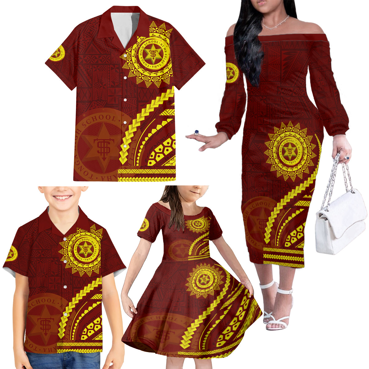 Tonga High School Family Matching Off The Shoulder Long Sleeve Dress and Hawaiian Shirt Ngatu and Polynesian Pattern LT03 - Polynesian Pride