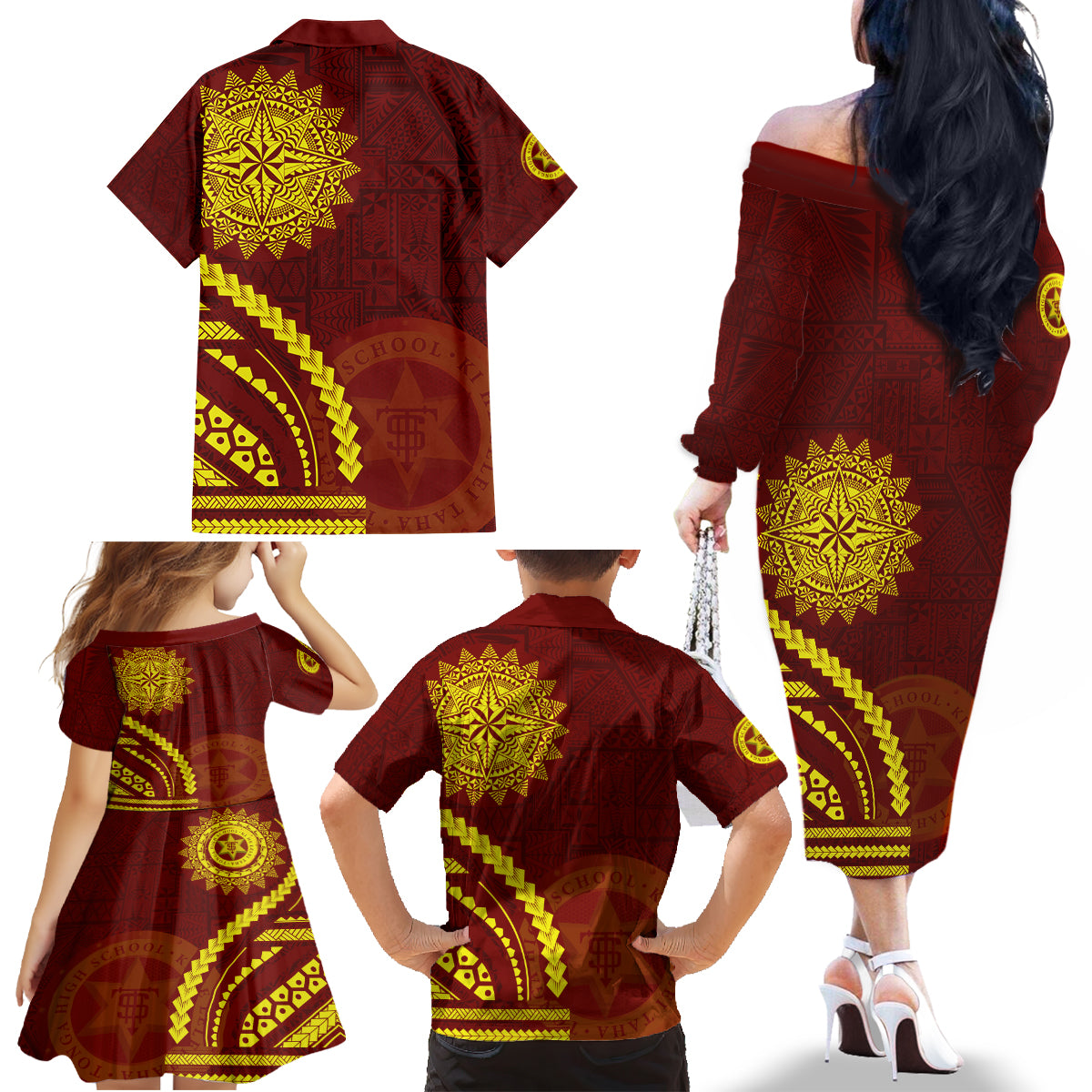 Tonga High School Family Matching Off The Shoulder Long Sleeve Dress and Hawaiian Shirt Ngatu and Polynesian Pattern LT03 - Polynesian Pride