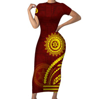 Tonga High School Family Matching Short Sleeve Bodycon Dress and Hawaiian Shirt Ngatu and Polynesian Pattern LT03 Mom's Dress Red - Polynesian Pride