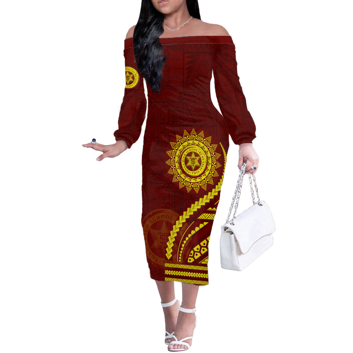 Tonga High School Off The Shoulder Long Sleeve Dress Ngatu and Polynesian Pattern LT03 Women Red - Polynesian Pride