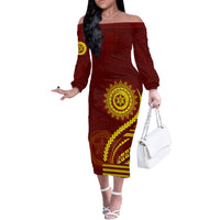 Tonga High School Off The Shoulder Long Sleeve Dress Ngatu and Polynesian Pattern LT03 Women Red - Polynesian Pride