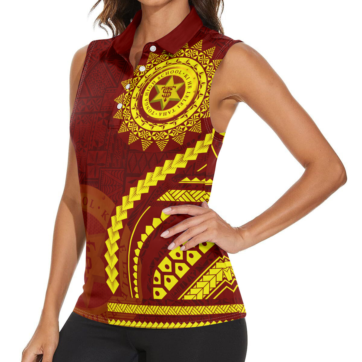 Tonga High School Women Sleeveless Polo Shirt Ngatu and Polynesian Pattern LT03 - Polynesian Pride