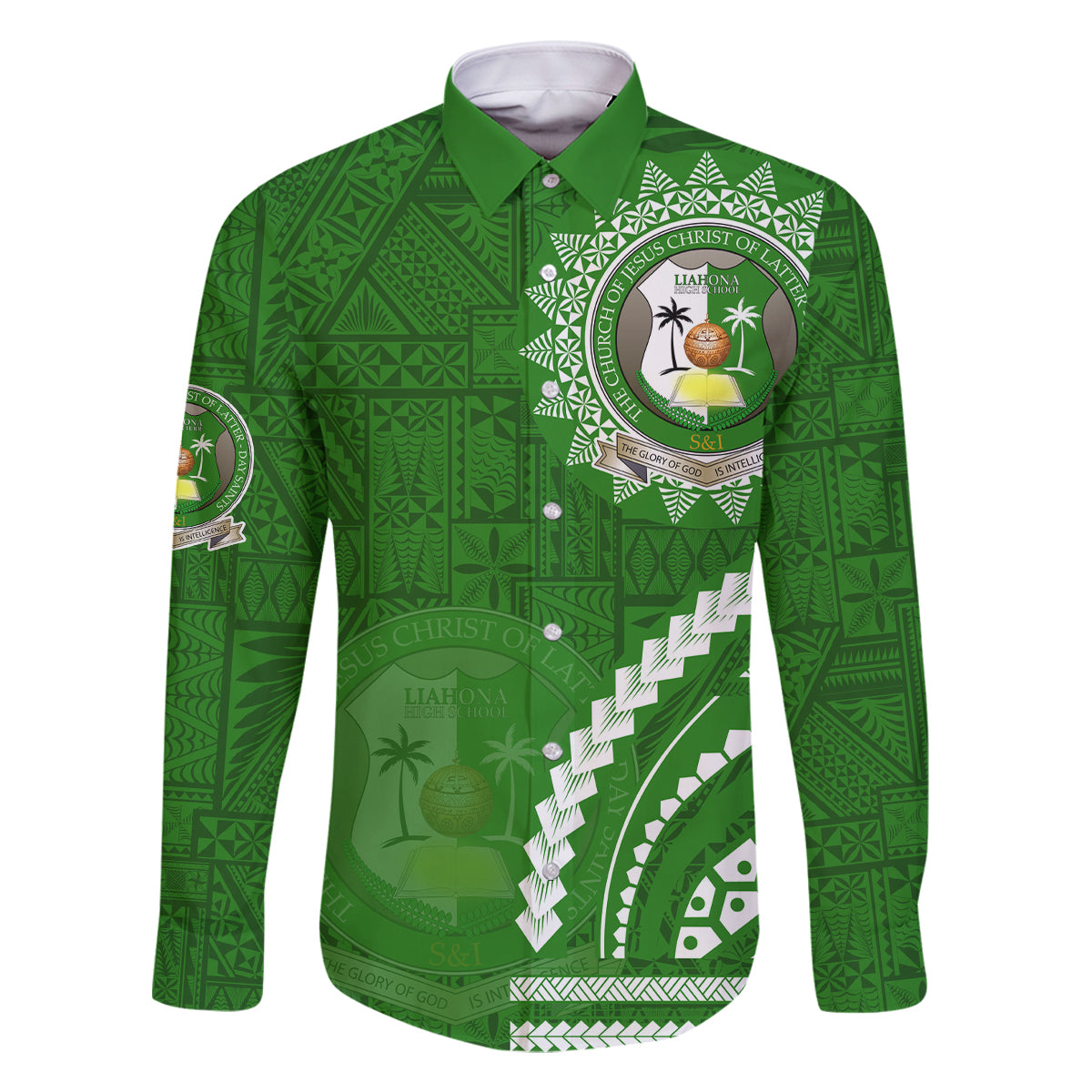 Liahona High School Family Matching Long Sleeve Bodycon Dress and Hawaiian Shirt Ngatu and Polynesian Pattern LT03 Dad's Shirt - Long Sleeve Green - Polynesian Pride