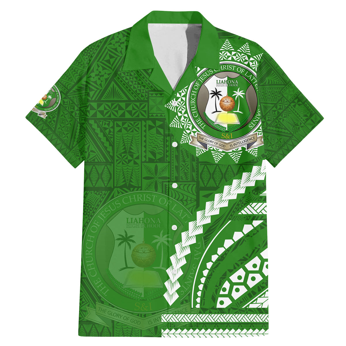 Liahona High School Family Matching Mermaid Dress and Hawaiian Shirt Ngatu and Polynesian Pattern LT03 Dad's Shirt - Short Sleeve Green - Polynesian Pride