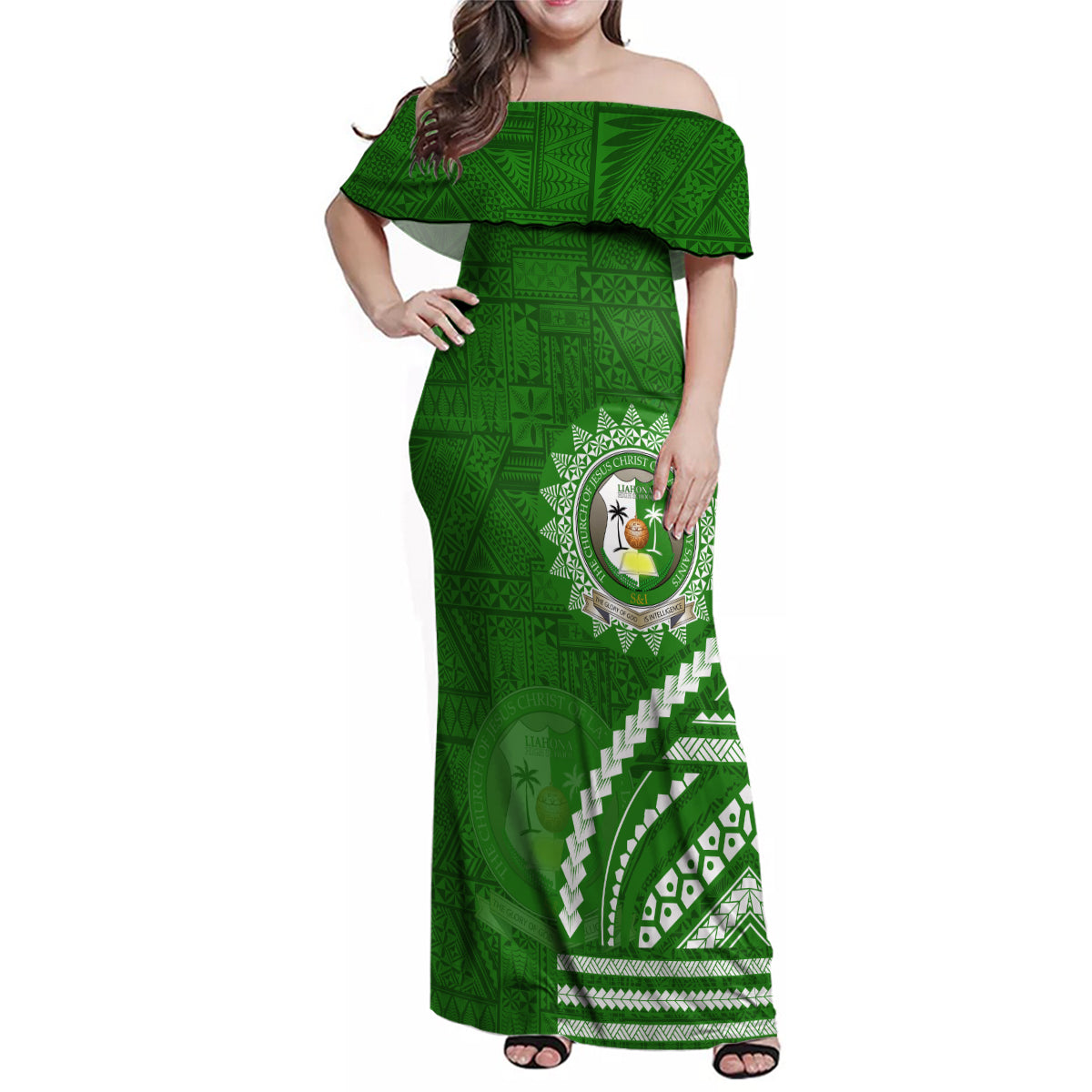 Liahona High School Family Matching Off Shoulder Maxi Dress and Hawaiian Shirt Ngatu and Polynesian Pattern LT03 Mom's Dress Green - Polynesian Pride