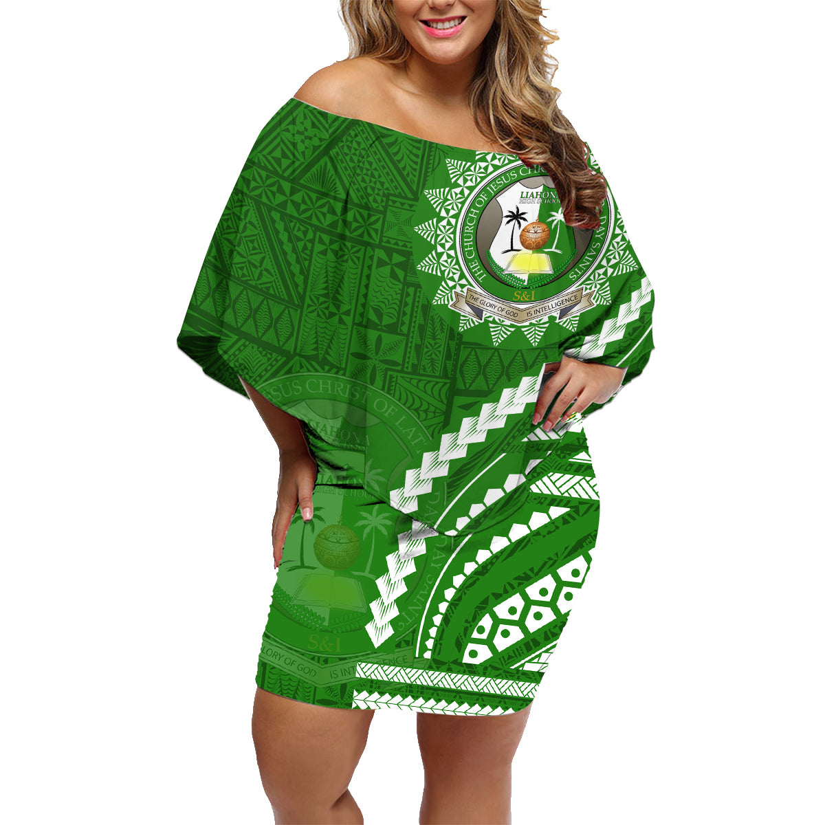 Liahona High School Family Matching Off Shoulder Short Dress and Hawaiian Shirt Ngatu and Polynesian Pattern LT03 Mom's Dress Green - Polynesian Pride