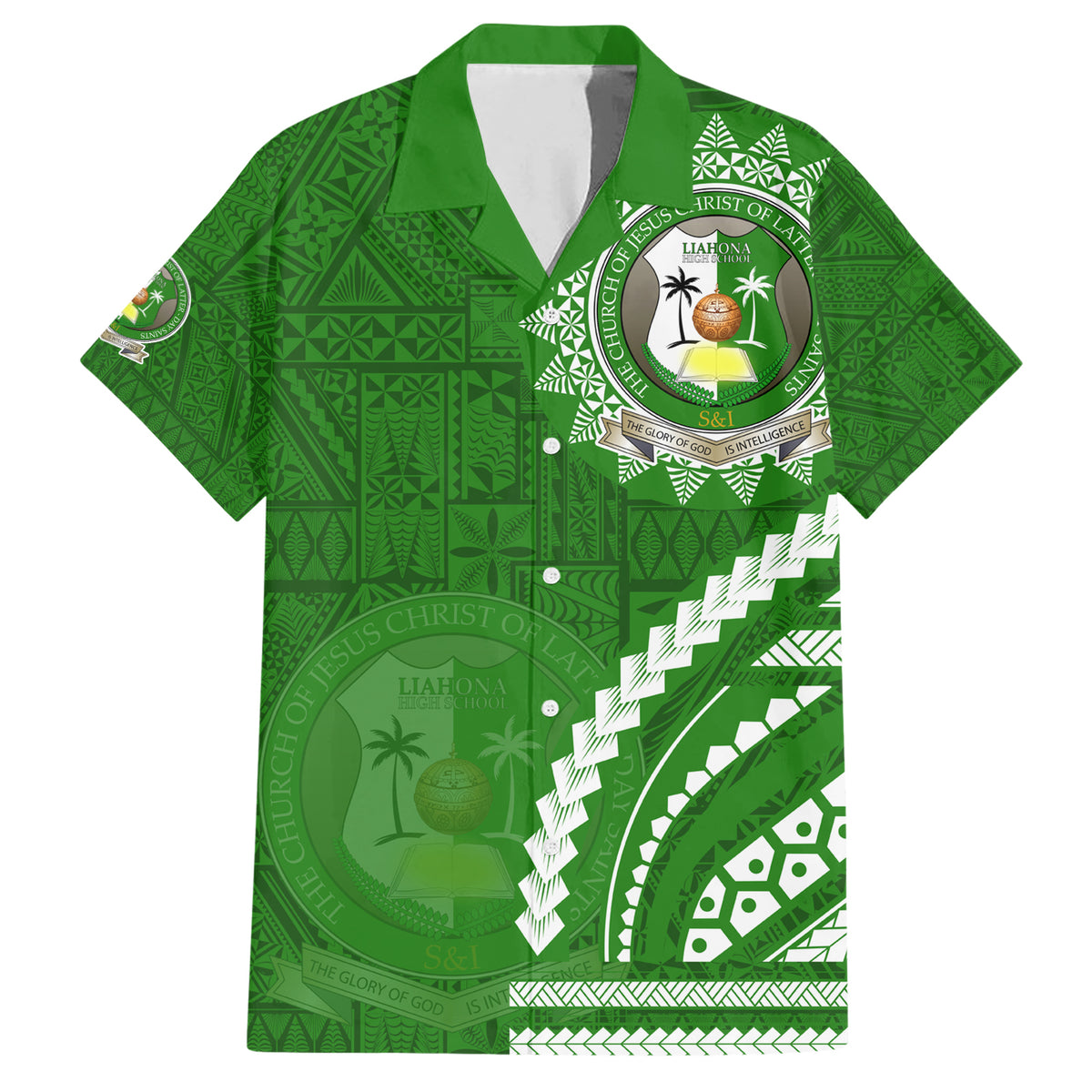 Liahona High School Family Matching Short Sleeve Bodycon Dress and Hawaiian Shirt Ngatu and Polynesian Pattern LT03 Dad's Shirt - Short Sleeve Green - Polynesian Pride