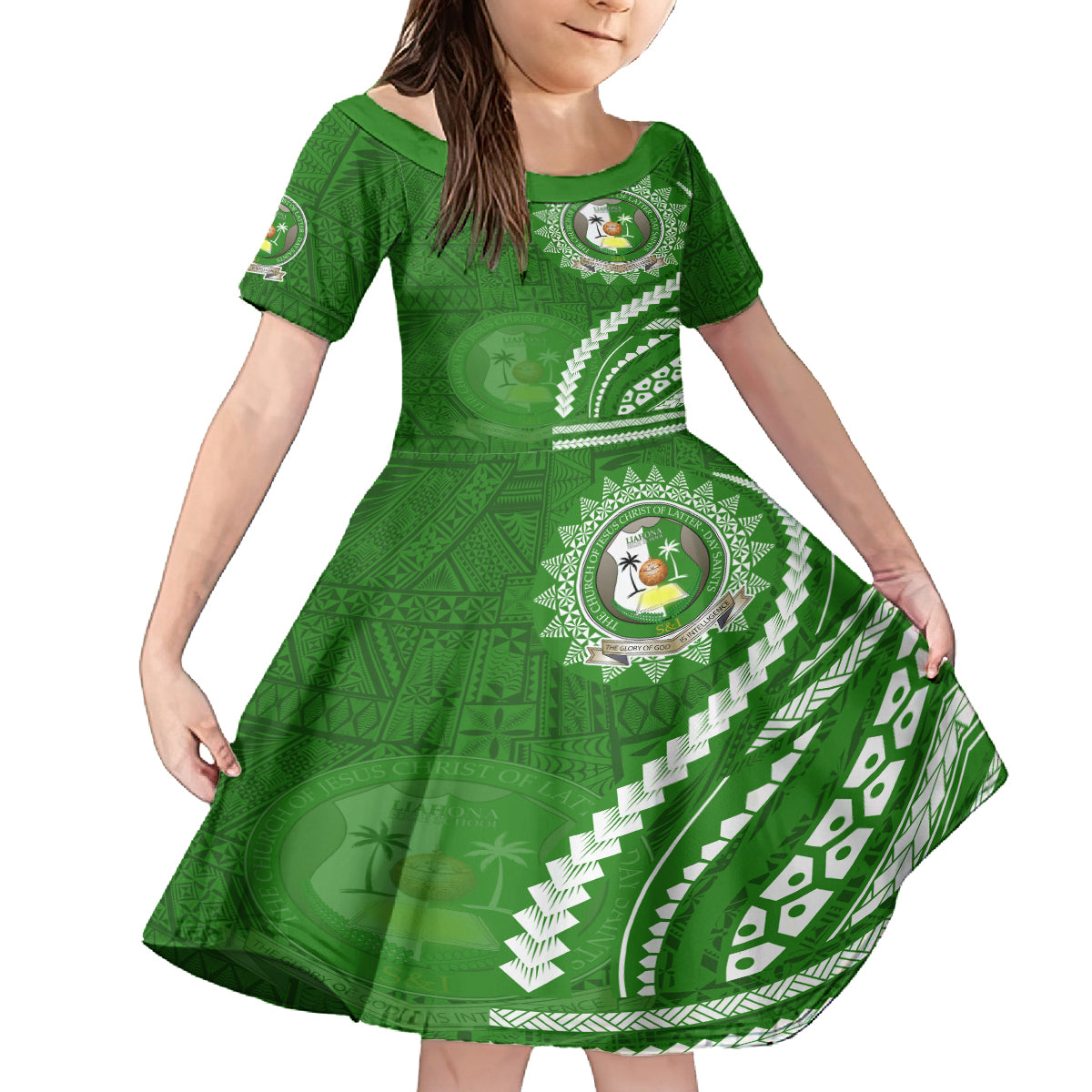 Liahona High School Family Matching Summer Maxi Dress and Hawaiian Shirt Ngatu and Polynesian Pattern LT03 Daughter's Dress Green - Polynesian Pride