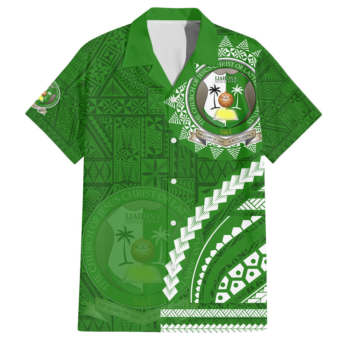 Liahona High School Family Matching Tank Maxi Dress and Hawaiian Shirt Ngatu and Polynesian Pattern LT03 Dad's Shirt - Short Sleeve Green - Polynesian Pride