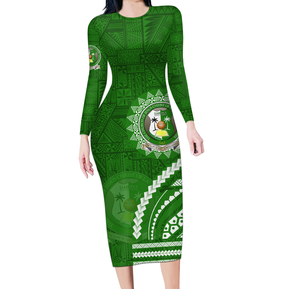 Liahona High School Long Sleeve Bodycon Dress Ngatu and Polynesian Pattern LT03 Long Dress Green - Polynesian Pride