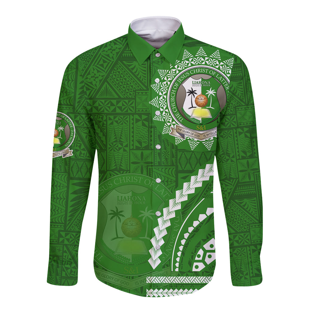 Liahona High School Long Sleeve Button Shirt Ngatu and Polynesian Pattern LT03 Unisex Green - Polynesian Pride