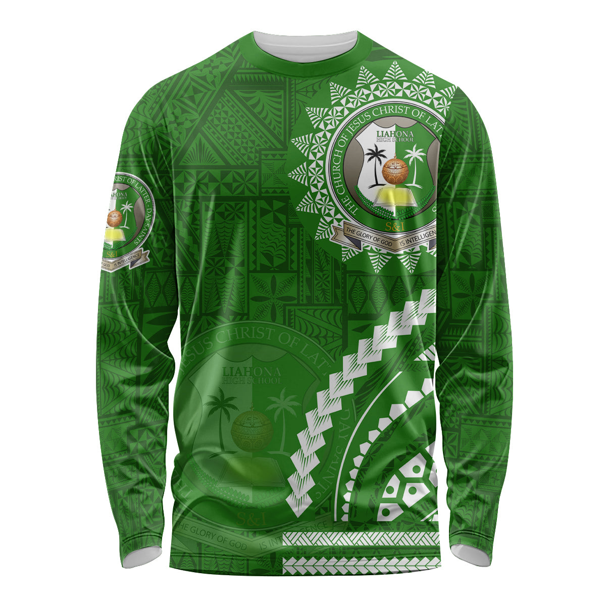 Liahona High School Long Sleeve Shirt Ngatu and Polynesian Pattern LT03 Unisex Green - Polynesian Pride