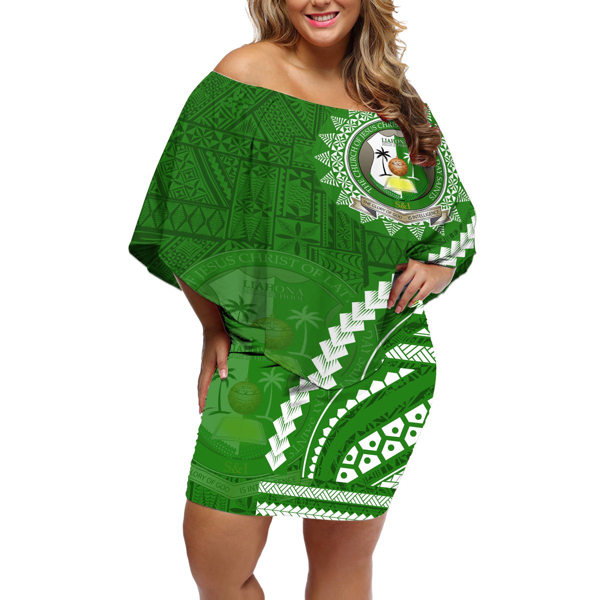 Liahona High School Off Shoulder Short Dress Ngatu and Polynesian Pattern