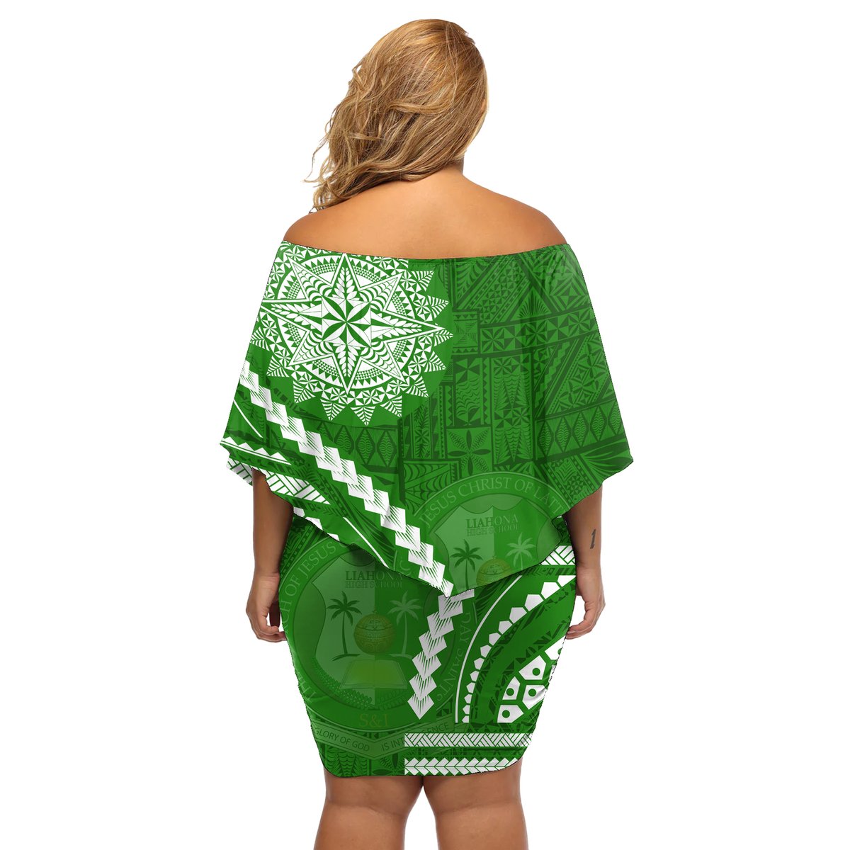 Liahona High School Off Shoulder Short Dress Ngatu and Polynesian Pattern