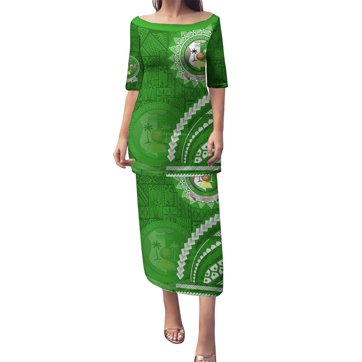 Liahona High School Puletasi Ngatu and Polynesian Pattern LT03 Long Dress Green - Polynesian Pride