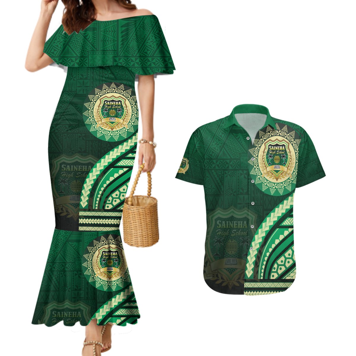 Saineha High School Couples Matching Mermaid Dress and Hawaiian Shirt Ngatu and Polynesian Pattern
