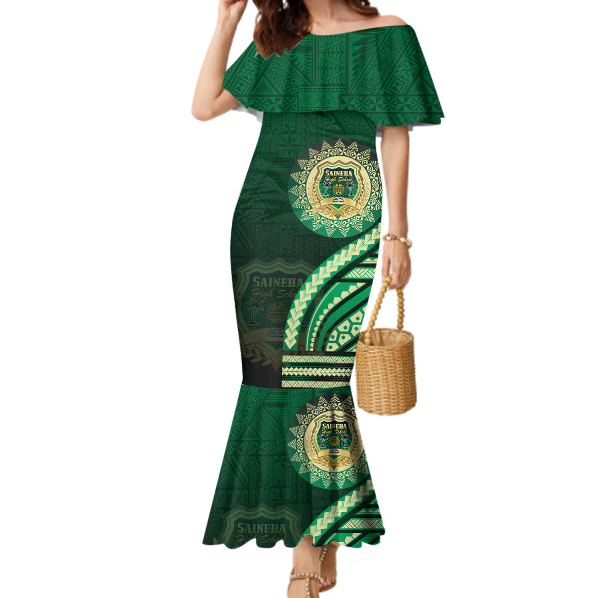 Saineha High School Family Matching Mermaid Dress and Hawaiian Shirt Ngatu and Polynesian Pattern LT03 Mom's Dress Green - Polynesian Pride