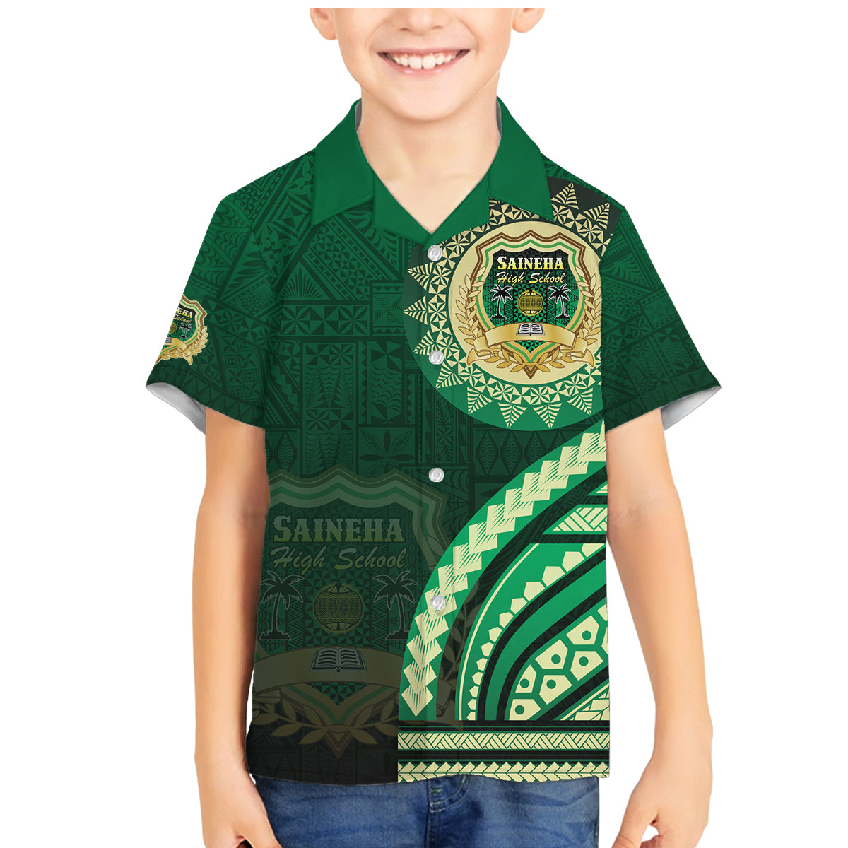 Saineha High School Family Matching Mermaid Dress and Hawaiian Shirt Ngatu and Polynesian Pattern LT03 Son's Shirt Green - Polynesian Pride