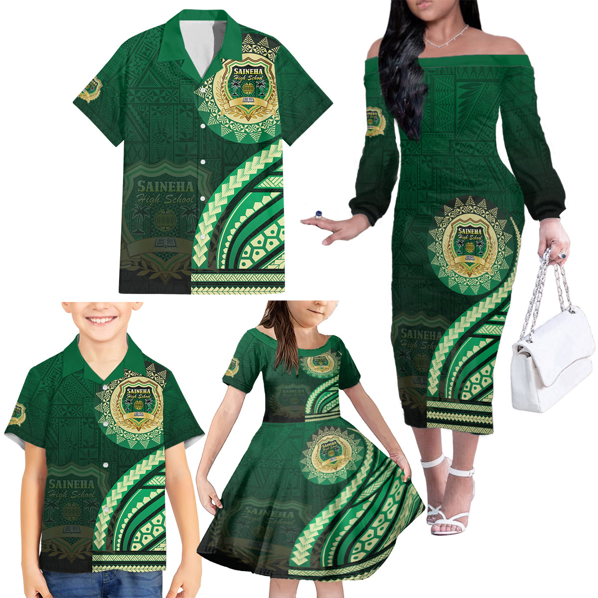 Saineha High School Family Matching Off The Shoulder Long Sleeve Dress and Hawaiian Shirt Ngatu and Polynesian Pattern LT03 - Polynesian Pride