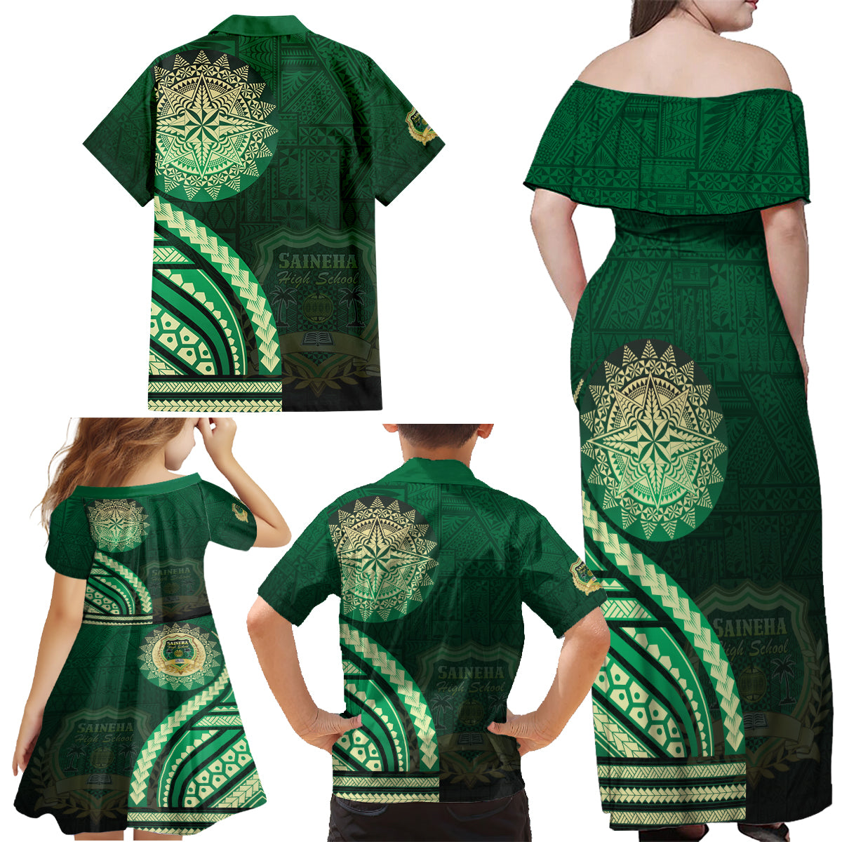 Saineha High School Family Matching Off Shoulder Maxi Dress and Hawaiian Shirt Ngatu and Polynesian Pattern LT03 - Polynesian Pride