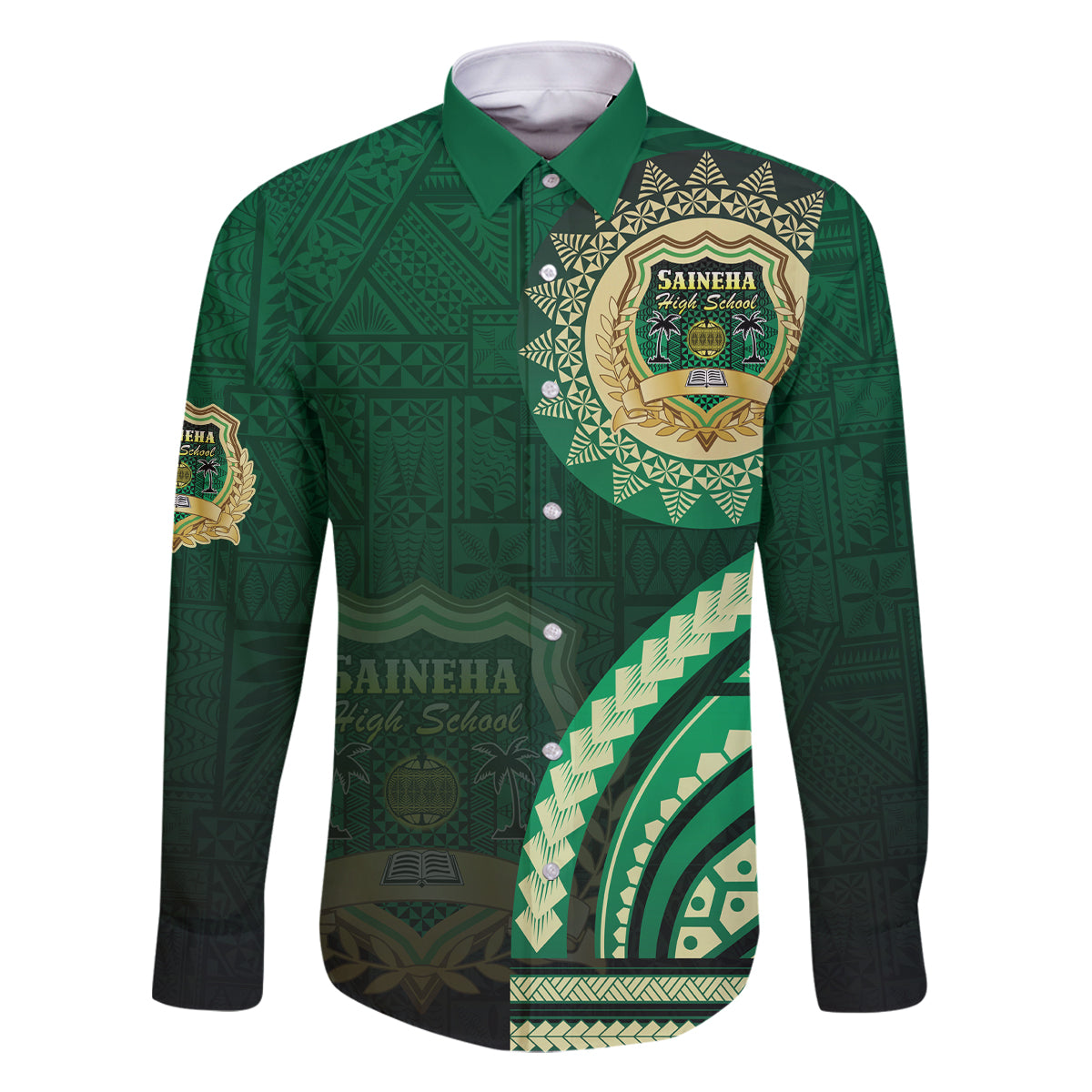 Saineha High School Family Matching Off Shoulder Maxi Dress and Hawaiian Shirt Ngatu and Polynesian Pattern LT03 Dad's Shirt - Long Sleeve Green - Polynesian Pride
