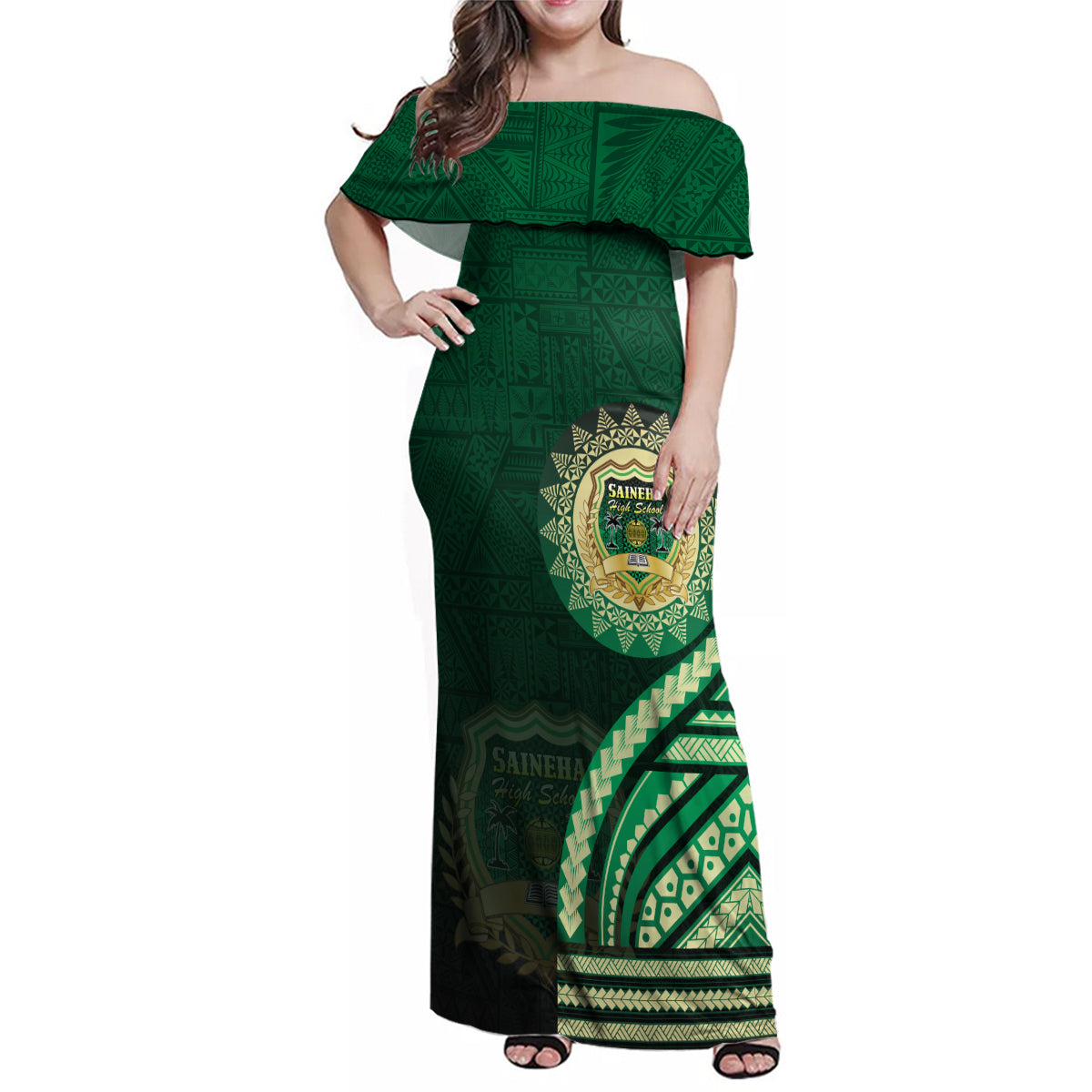 Saineha High School Family Matching Off Shoulder Maxi Dress and Hawaiian Shirt Ngatu and Polynesian Pattern LT03 Mom's Dress Green - Polynesian Pride
