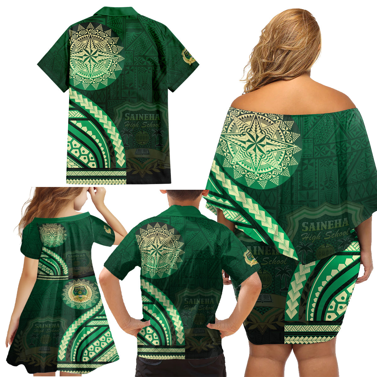 Saineha High School Family Matching Off Shoulder Short Dress and Hawaiian Shirt Ngatu and Polynesian Pattern LT03 - Polynesian Pride
