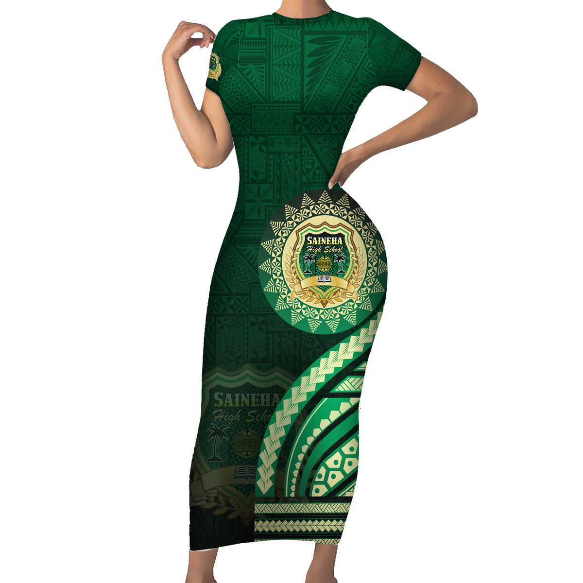 Saineha High School Family Matching Short Sleeve Bodycon Dress and Hawaiian Shirt Ngatu and Polynesian Pattern LT03 Mom's Dress Green - Polynesian Pride