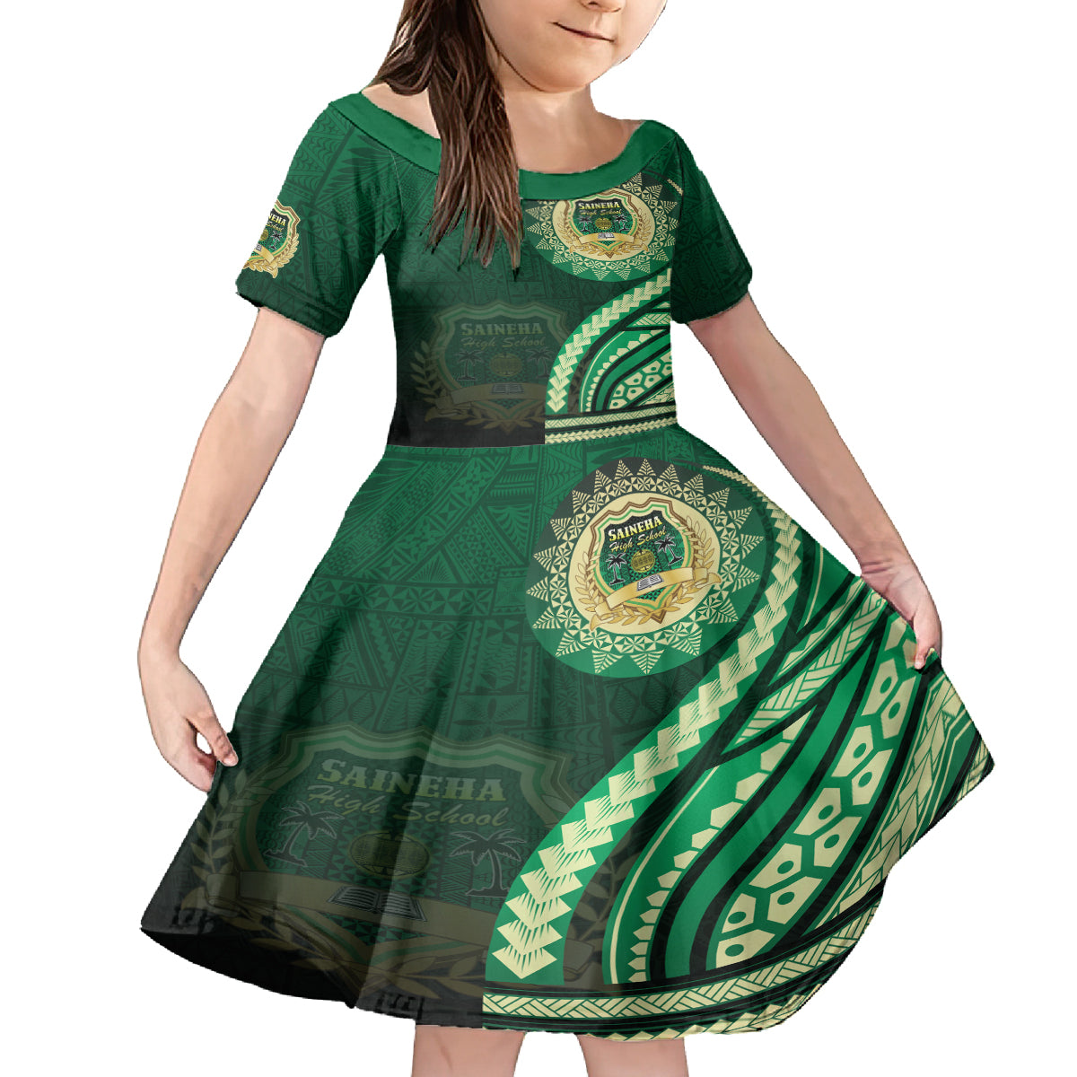 Saineha High School Family Matching Summer Maxi Dress and Hawaiian Shirt Ngatu and Polynesian Pattern LT03 Daughter's Dress Green - Polynesian Pride