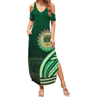 Saineha High School Family Matching Summer Maxi Dress and Hawaiian Shirt Ngatu and Polynesian Pattern LT03 Mom's Dress Green - Polynesian Pride