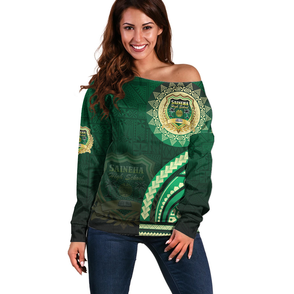Saineha High School Off Shoulder Sweater Ngatu and Polynesian Pattern LT03 Women Green - Polynesian Pride
