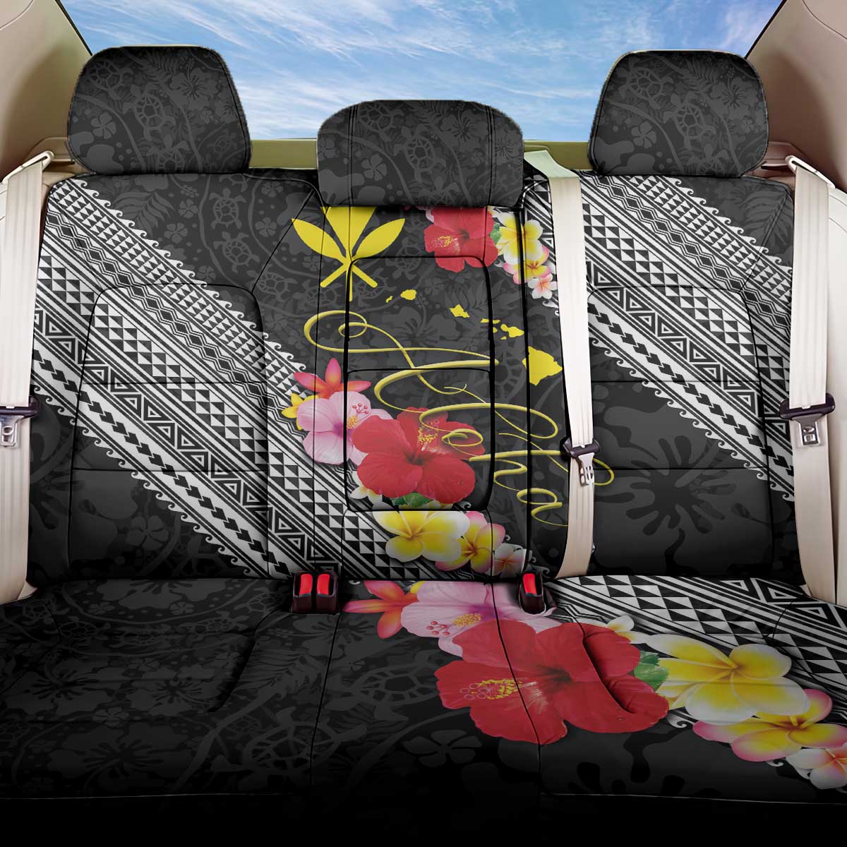 Aloha Hawaii Hibiscus and Plumeria Flowers Back Car Seat Cover Kanaka Maoli Tattoo Polynesian Pattern LT03 One Size Black - Polynesian Pride