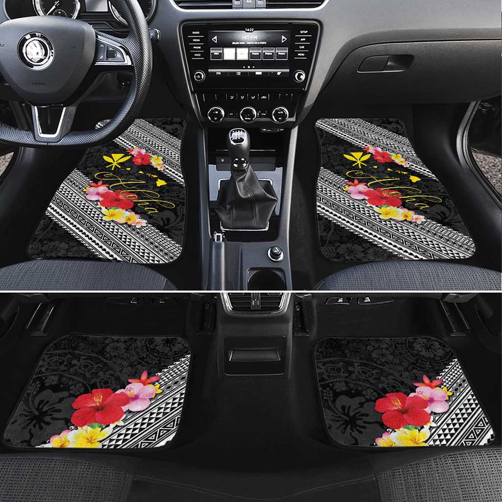 Aloha Hawaii Hibiscus and Plumeria Flowers Car Mats Kanaka Maoli Tattoo Polynesian Pattern LT03 Set 4pcs Black - Polynesian Pride