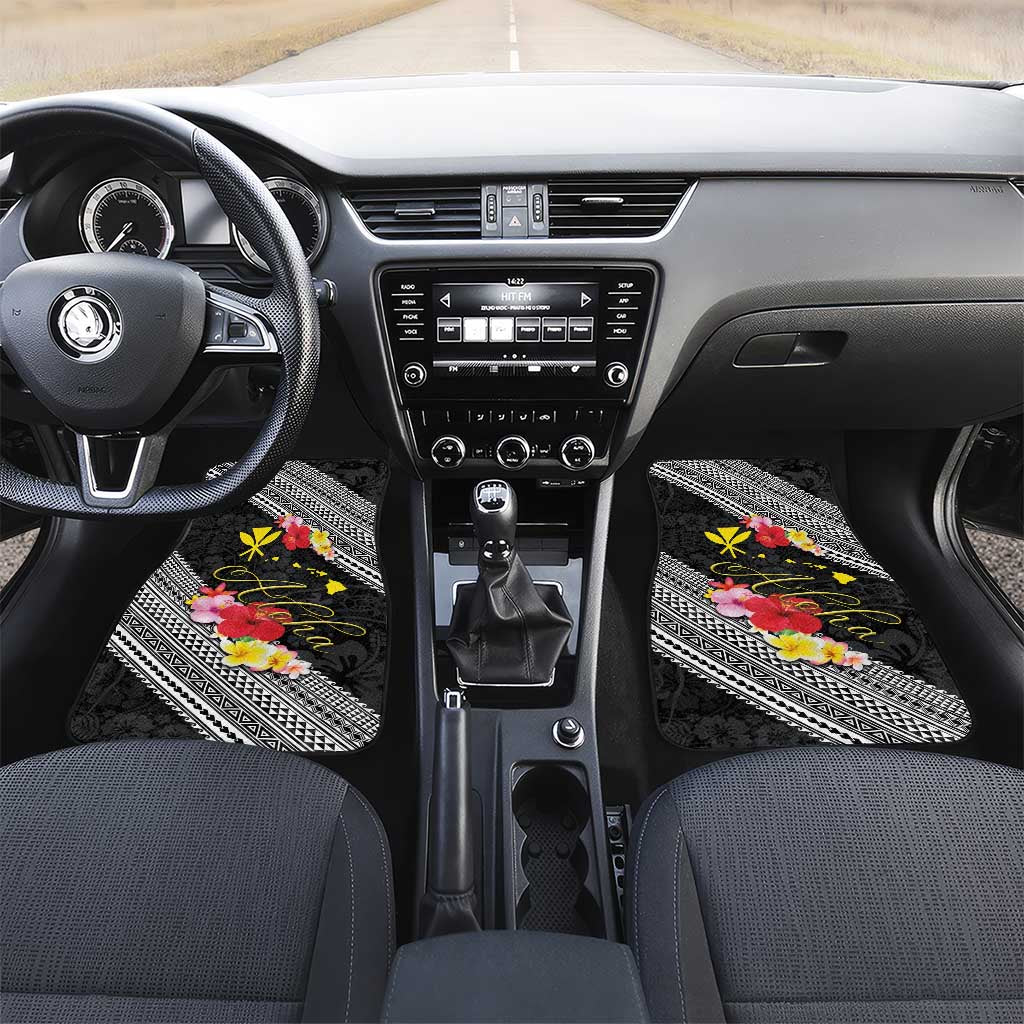 Aloha Hawaii Hibiscus and Plumeria Flowers Car Mats Kanaka Maoli Tattoo Polynesian Pattern LT03 Set 2pcs - Front Black - Polynesian Pride